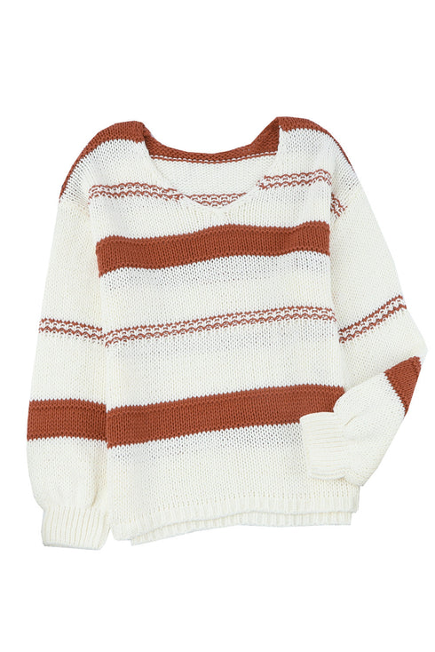 V-Neck Knitted Lantern Sleeve Pullover Sweater